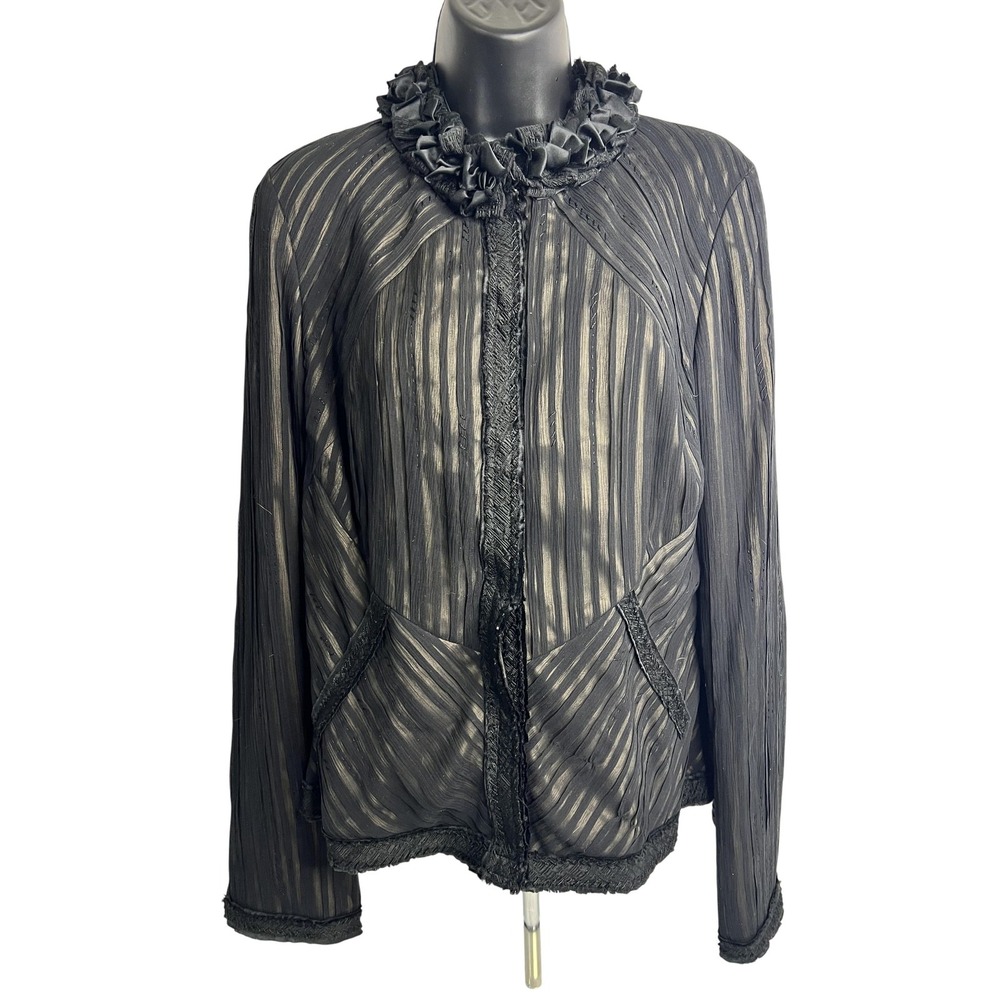 Elie Tahari Jacket Womens Large Black Ruffle Collar Pleated‎ Textured Stripe